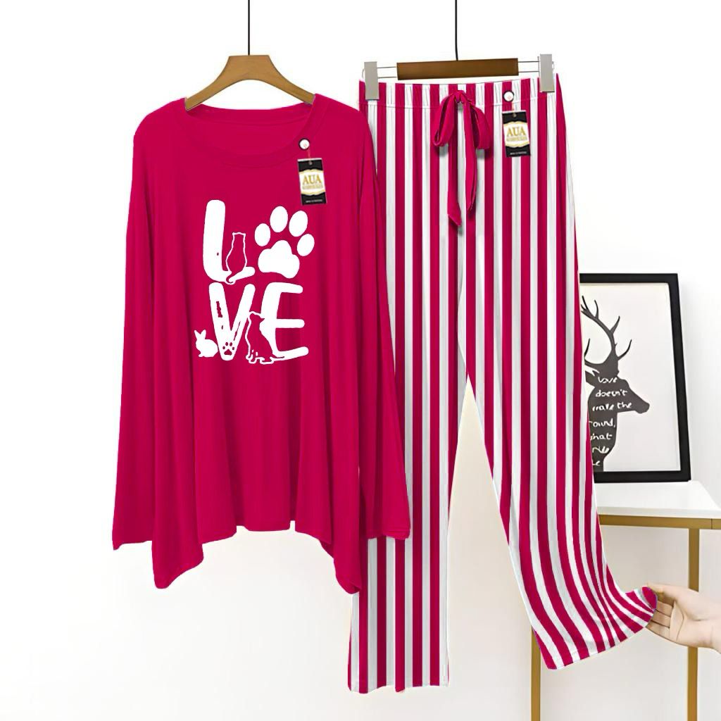 Dark pink Color Women Love Lining Trouser Printed Night Suit with Luxurious Lining Pajamas - Stylish Sleepwear Set For Women By Aua garments (002)