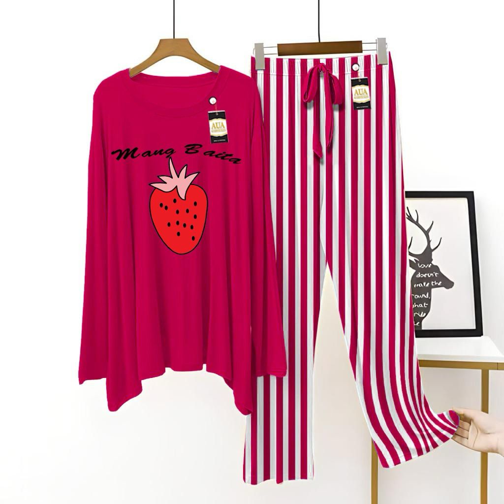 Dark Pink Color Women Strawberry Printed Night Suit with Luxurious Lining Pajamas - Stylish Sleepwear Set For Women By Aua garments (002)