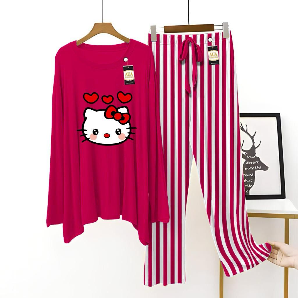 Dark pink Color Kitty Lining Trouser Printed Night Suit with Luxurious Lining Pajamas - Stylish Sleepwear Set For Women By Aua garments (002)