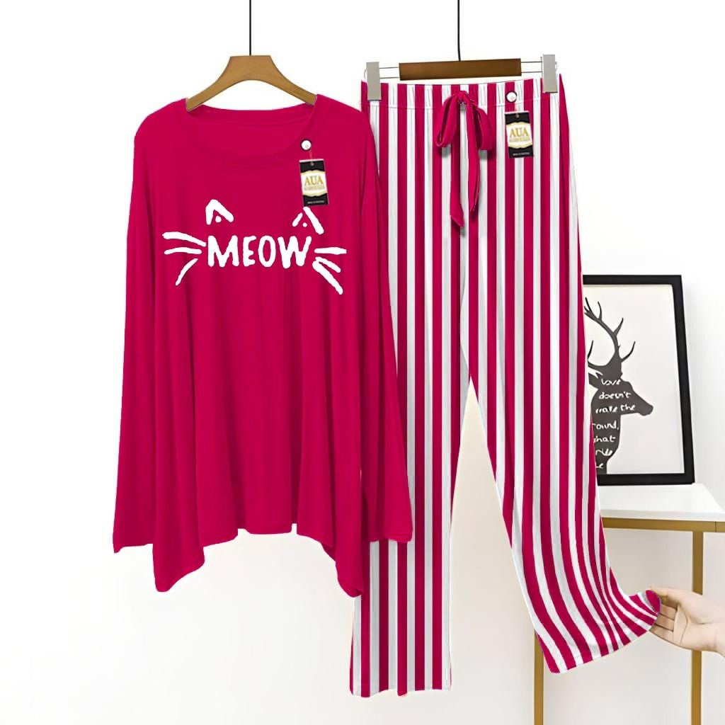 Dark Pink Color Women Meow Lining Trouser Printed Night Suit with Luxurious Lining Pajamas - Stylish Sleepwear Set For Women By Aua garments (002)