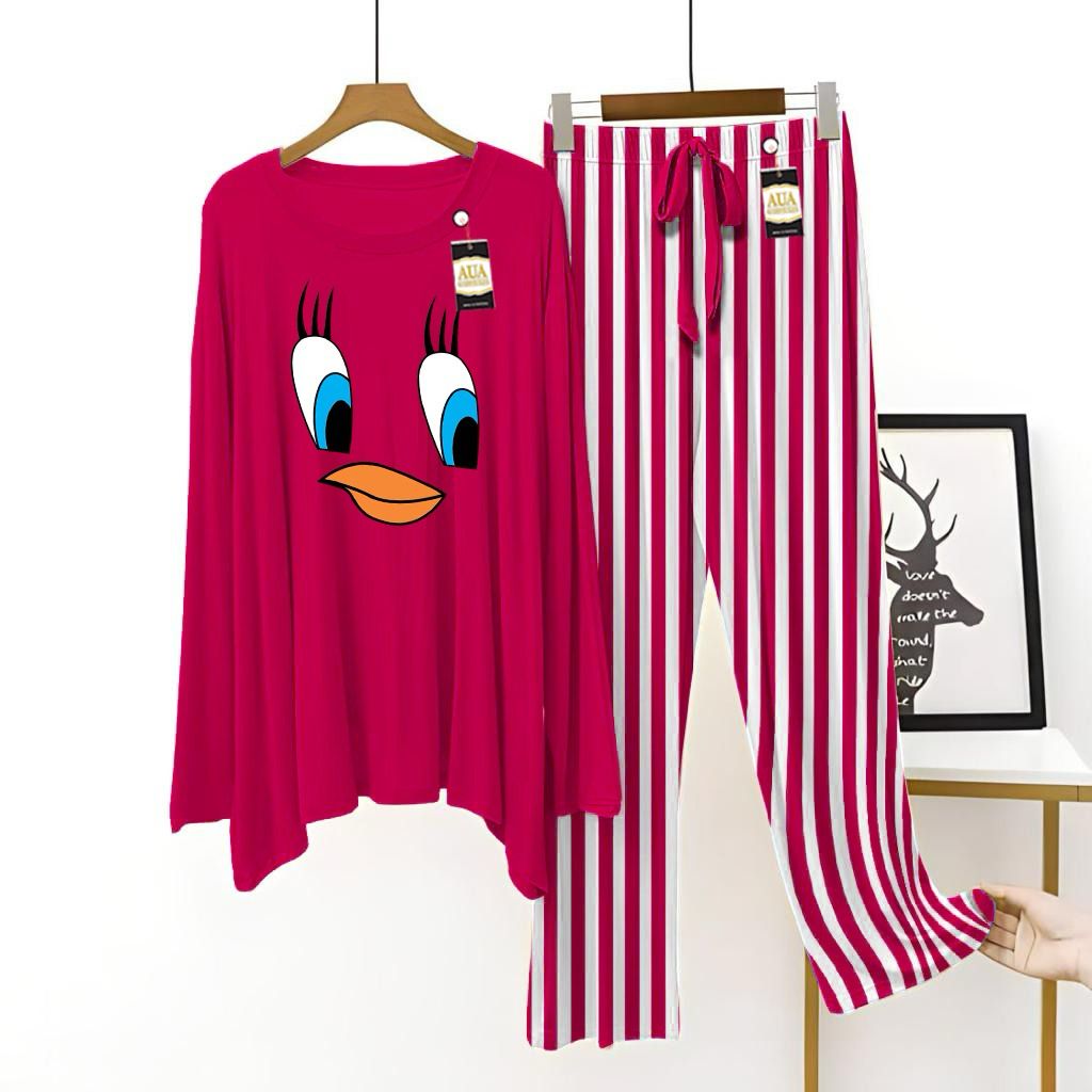 Dark Pink Color Women Duffy Duck Lining Trouser Printed Night Suit with Luxurious Lining Pajamas - Stylish Sleepwear Set For Women By Aua garments (002)