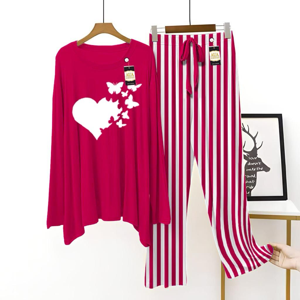 Dark Pink Color Heart Butterflies Lining Trouser Printed Night Suit with Luxurious Lining Pajamas - Stylish Sleepwear Set For Women By Aua garments (002)