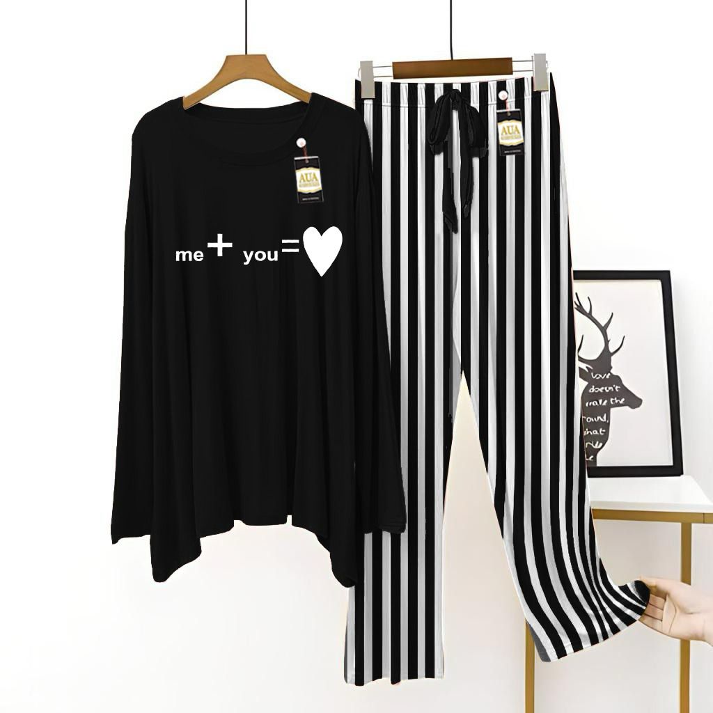 Black Color Women Me+You Printed Night Suit with Luxurious Lining Pajamas - Stylish Sleepwear Set For Women By Aua garments (002)