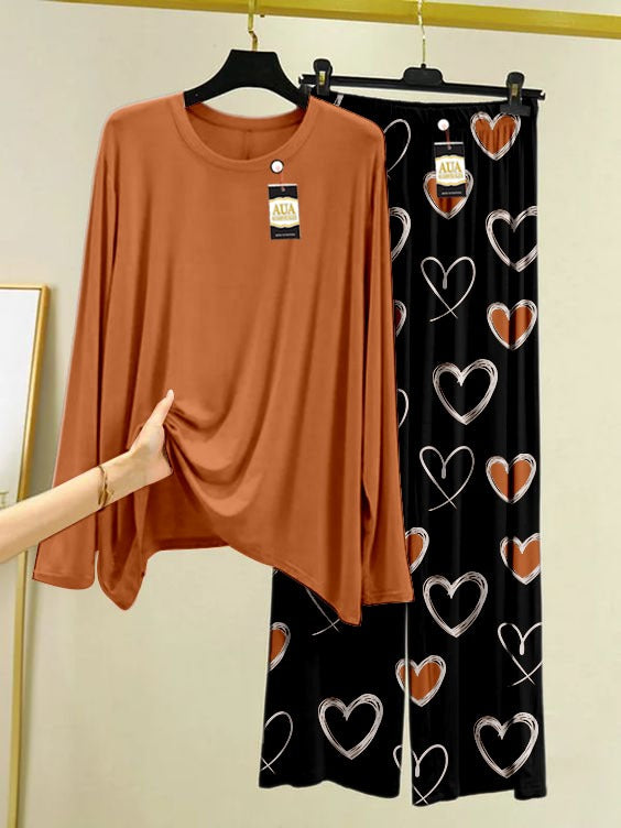 Plain Beige Color Lounge wear Heart Printed Trouser Nightwear Sleepwear With Heart Prinred Trouser For Women By Auagarments (004)