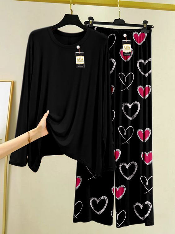 Plain Black Heart Print Trouser Lounge wear Nightwear Sleepwear With Atishi Heart Printed Trouser For Women By Auagarments (004)