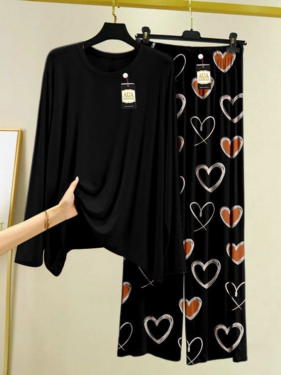 Plain Black Heart Printed Trouser Lounge wear Nightwear Sleepwear With Brown Heart Printed Trouser For Women By Auagarments (004)