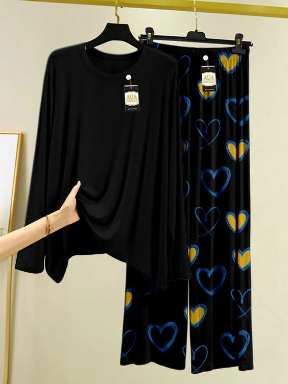 Black Color Lounge wear Nightwear Sleepwear With Mustard Heart Printed Trouser For Women By Auagarments (004)