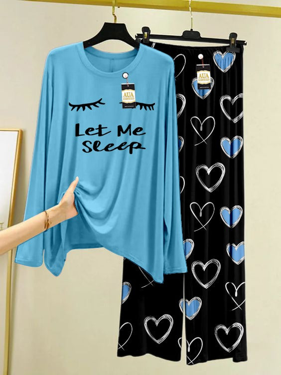 Blue Color Women Let Me Sleep Heart Printed Trouser Night Suit with Luxurious Heart Printed Pajamas - Stylish Sleepwear Set For Women By Aua Garments(004)
