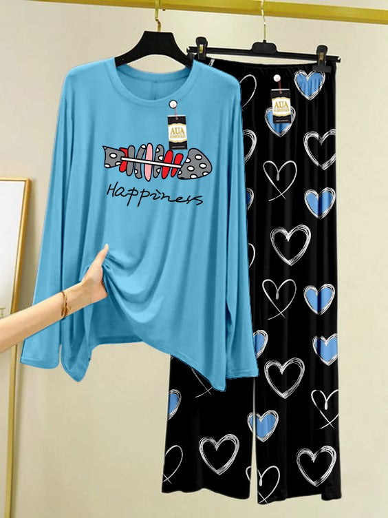 Blue Color Women Happiness Heart Printed Trouser Night Suit with Luxurious Heart Printed Pajamas - Stylish Sleepwear Set For Women By Aua Garments(004)