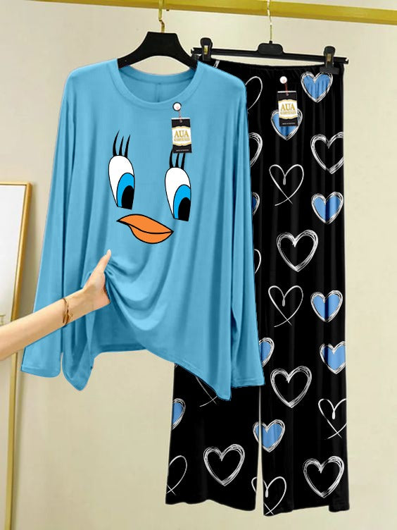 Blue Color Women Duffy Duck Heart Printed Trouser Night Suit with Luxurious Heart Printed Pajamas - Stylish Sleepwear Set For Women By Aua Garments