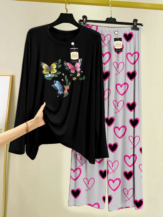 Mini Butterflies Printed Heart Printed Trouser Lounge wear Nightwear Sleepwear With Heart Prinred Trouser For Women By Auagarments (004)
