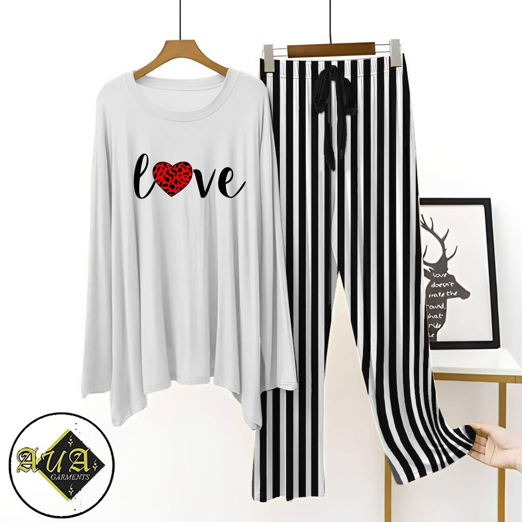 White T-Shirt Grey Lining Trouser Printed Night Suit with Luxurious Lining Pajamas Stylish Sleepwear Set for a Cozy Night's Rest (8 Articles)