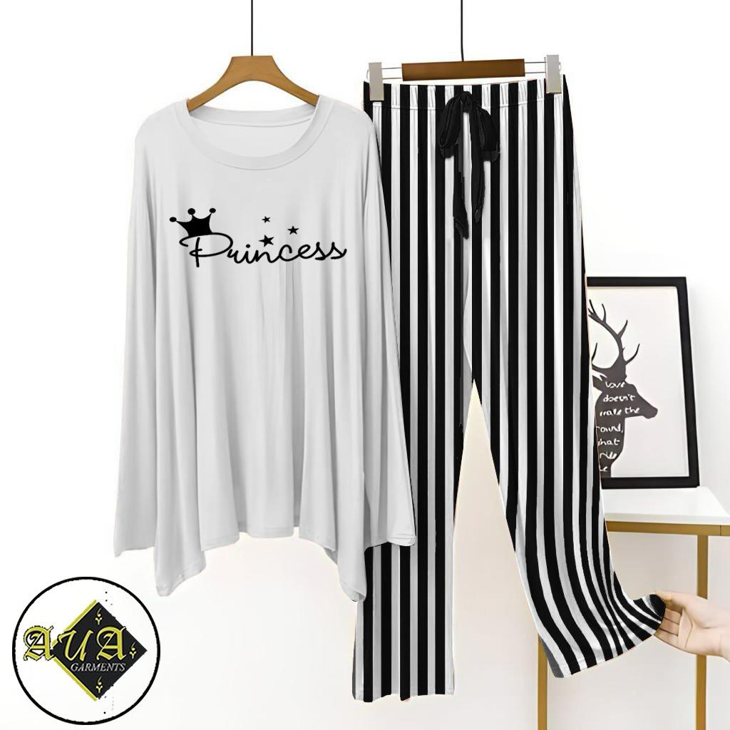 White T-Shirt Grey Lining Trouser Printed Night Suit with Luxurious Lining Pajamas Stylish Sleepwear Set for a Cozy Night's Rest (8 Articles)