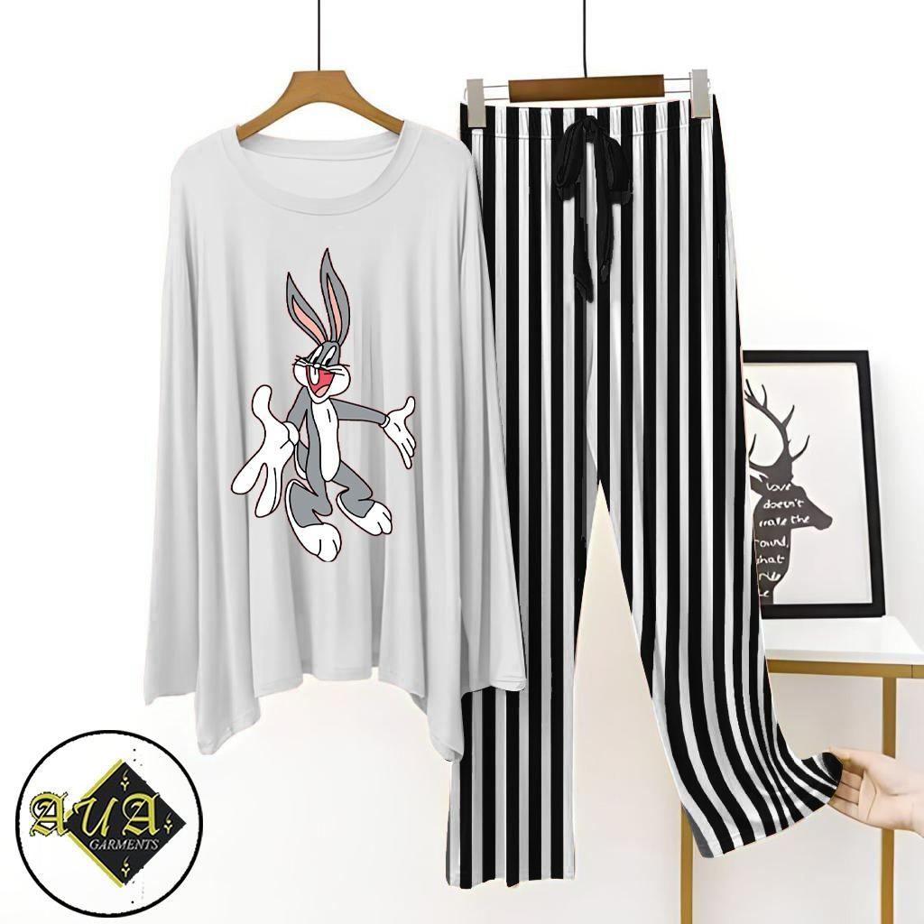 White T-Shirt Grey Lining Trouser Printed Night Suit with Luxurious Lining Pajamas Stylish Sleepwear Set for a Cozy Night's Rest (8 Articles)