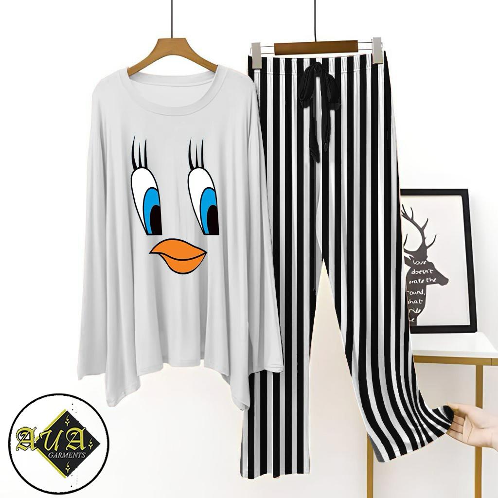 White T-Shirt Grey Lining Trouser Printed Night Suit with Luxurious Lining Pajamas Stylish Sleepwear Set for a Cozy Night's Rest (8 Articles)