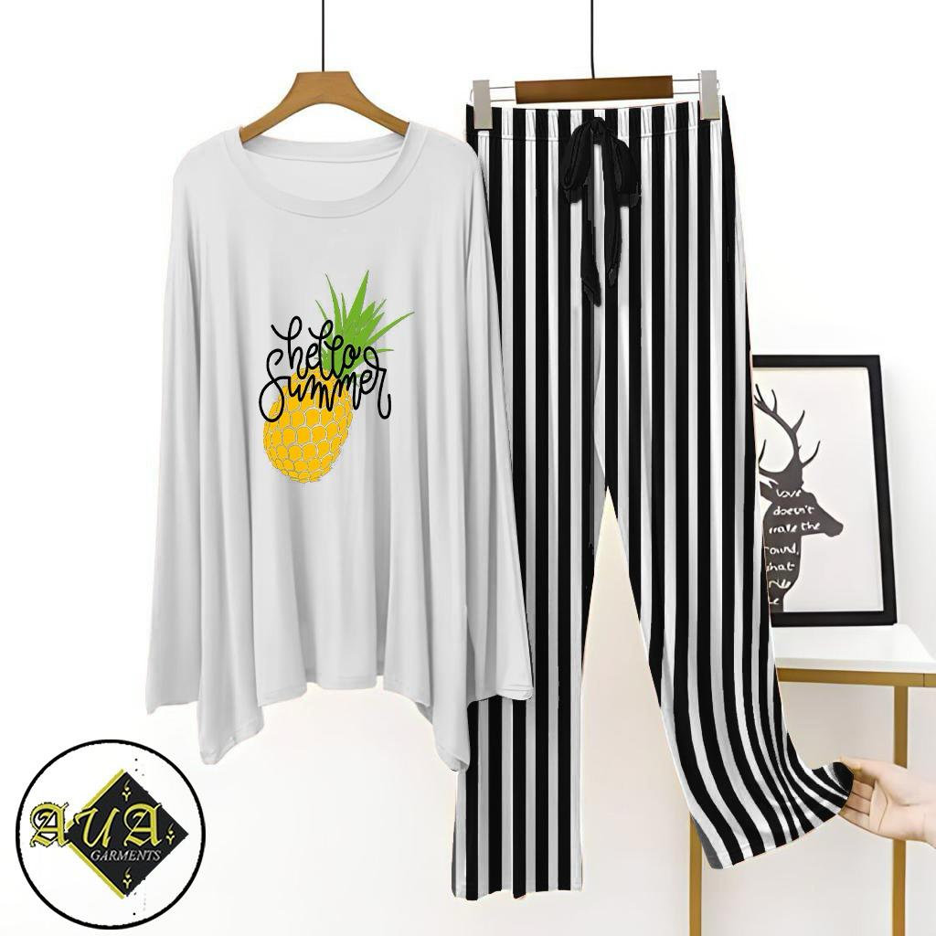 White T-Shirt Grey Lining Trouser Printed Night Suit with Luxurious Lining Pajamas Stylish Sleepwear Set for a Cozy Night's Rest (8 Articles)