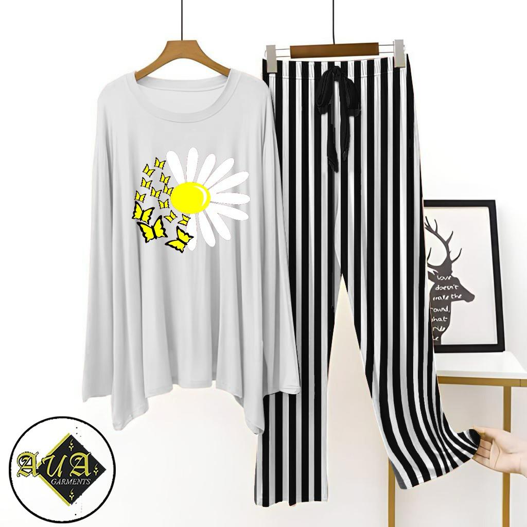 White T-Shirt Grey Lining Trouser Printed Night Suit with Luxurious Lining Pajamas Stylish Sleepwear Set for a Cozy Night's Rest (8 Articles)