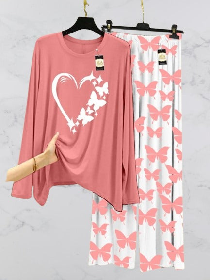 Peach Women Heart White Printed Nightwear Set with Butterfly Printed Trousers – Women's Lounge Wear (003)