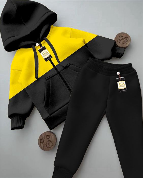 Plan Stylish Black & Yellow Kids' Tracksuit Set with Zipper Hoodie and Trousers (1-10 Years)"