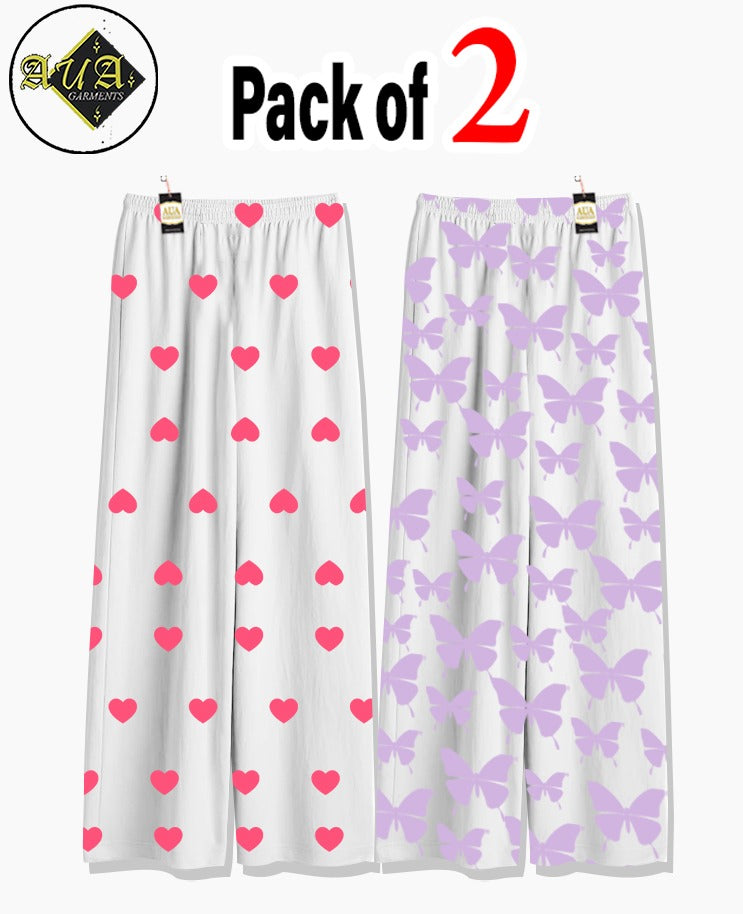 Pack of 2 Women's Nightwear Pajama Set - Pink Mini Heart Purple Butterfly Trouser trouser Print