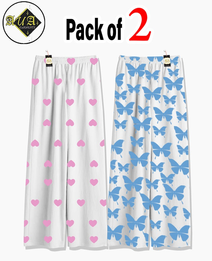 Pack of 2 Women's Nightwear Pajama Set -Pink Mini Heart & Blue butterfly trouser Print
