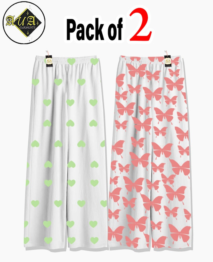Pack of 2 Women's Nightwear Pajama Set -Green Mini Heart & Peach Butterfly trouser Print