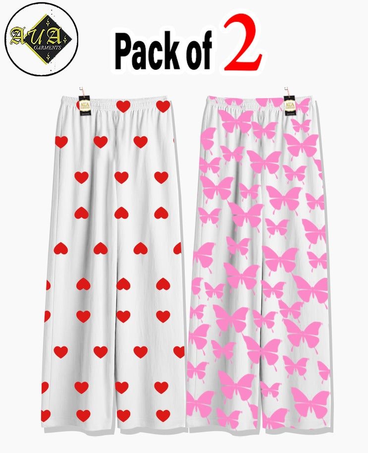 Pack of 2 Women's Nightwear Pajama Set - Red Mini Heart & Pink Butterfly trouser Print