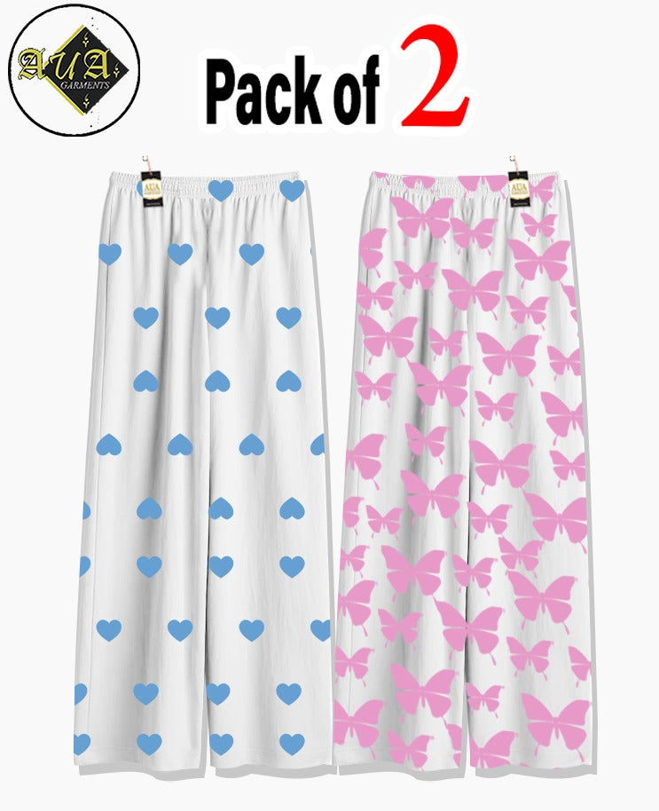 Pack of 2 Women's Nightwear Pajama Set -Blue Mini Heart & Pink Butterfly trouser Print