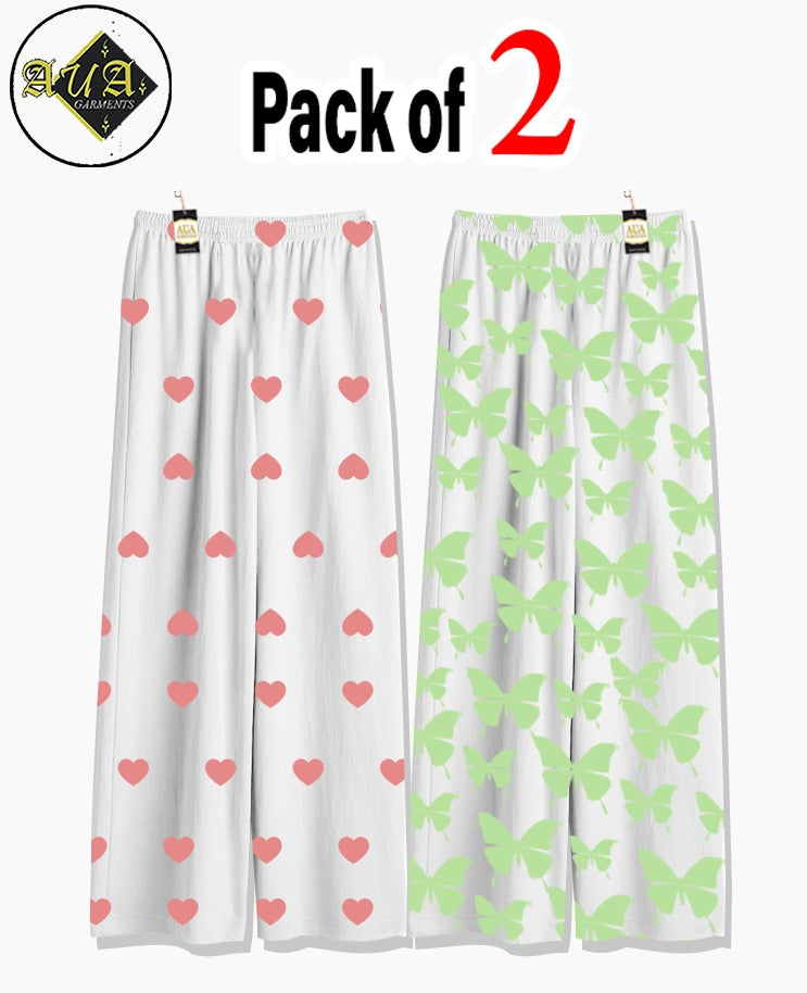 Pack of 2 Women's Nightwear Pajama Set - Peach Mini Heart & Green Butterfly trouser Print