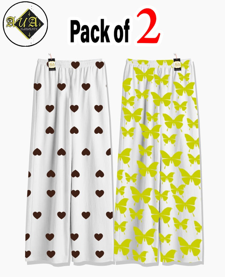 Pack of 2 Women's Nightwear Pajama Set - Beige Mini Heart & Green Butterfly trouser Print