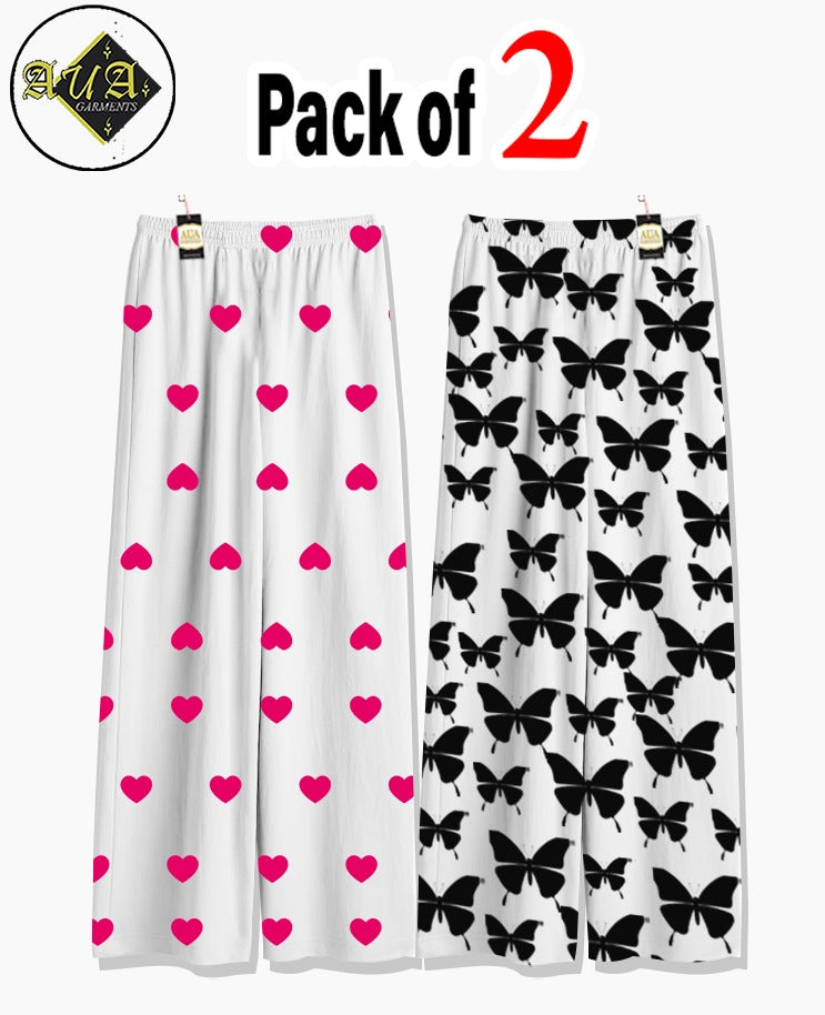 Pack of 2 Women's Nightwear Pajama Set - Pink Mini Heart & Black Butterflt trouser Print