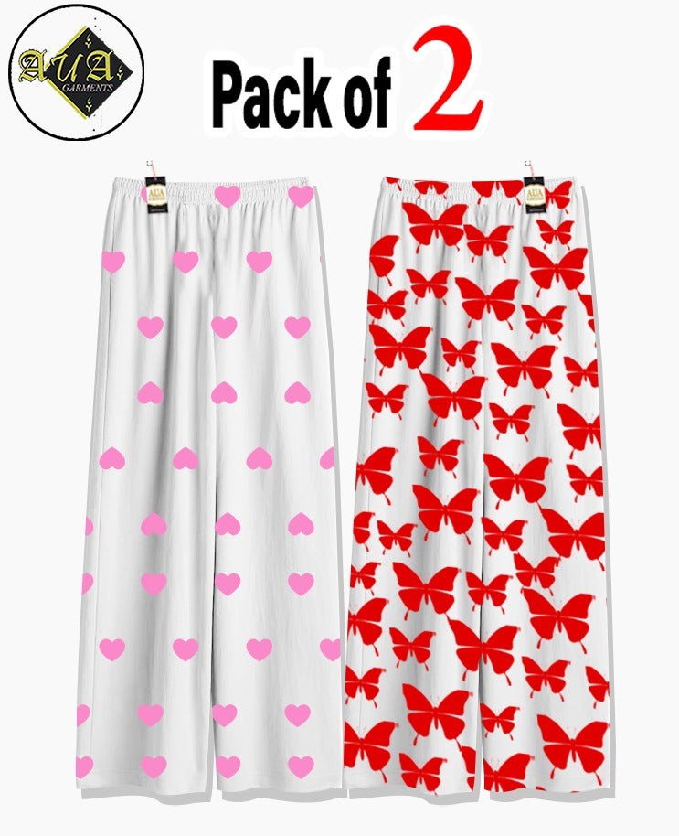 Pack of 2 Women's Nightwear Pajama Set - Baby Pink Mini Heart & Red Butterfly trouser Print