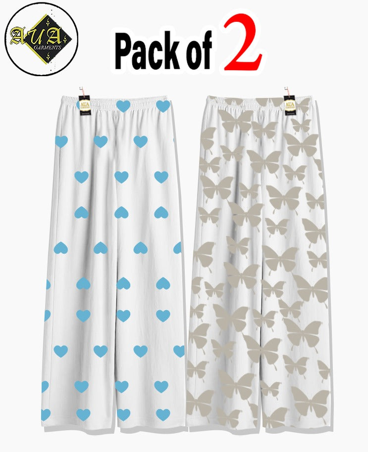 Pack of 2 Women's Nightwear Pajama Set - Blue Mini Heart & Grey Butterfly trouser Print