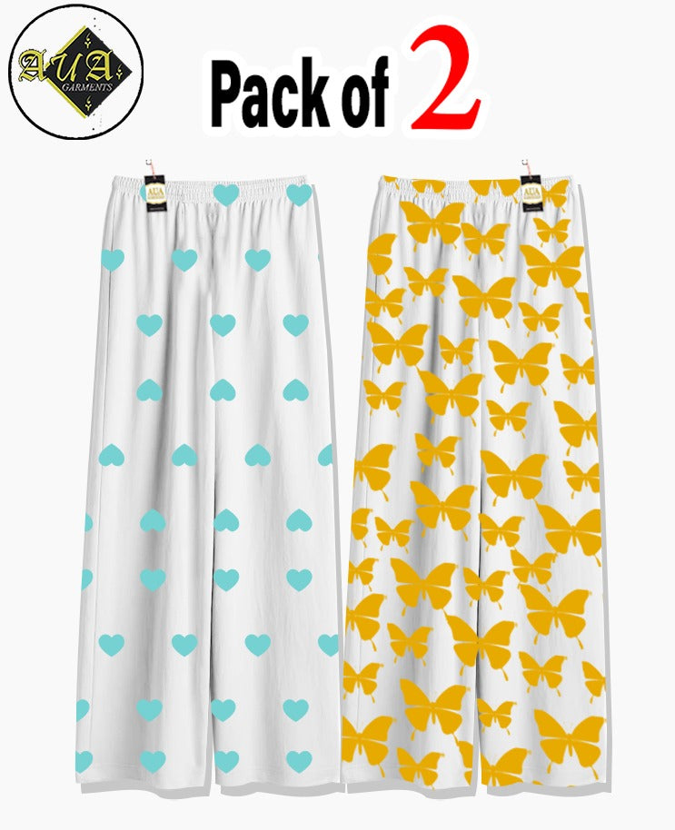 Pack of 2 Women's Nightwear Pajama Set - Blue Mini Heart & Yellow Buttefly trouser Print