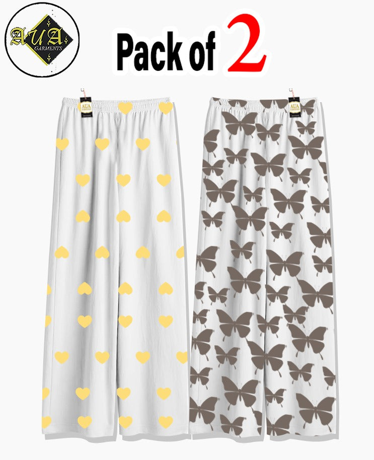 Pack of 2 Women's Nightwear Pajama Set - Yellow Moni Heart & Grey Butterfly trouser Print