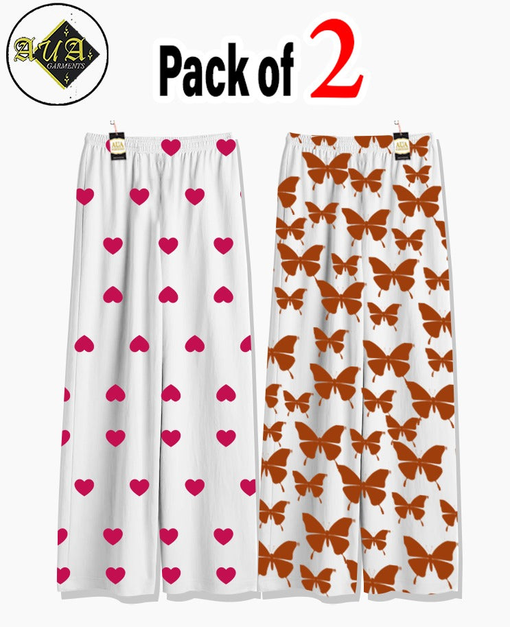 Pack of 2 Women's Nightwear Pajama Set - Pink Mini Heart & Beige Butterfly trouser Print