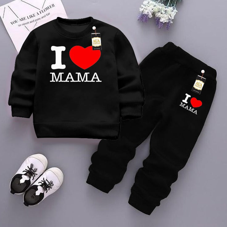 Black (I love Mama ) Printed Kids Tracksuit for Winter By Aua Garments