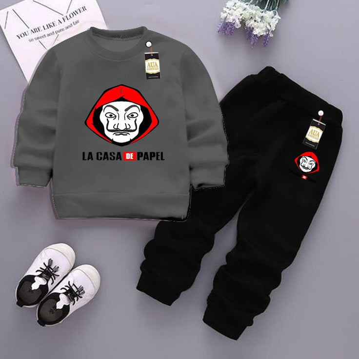 Dark Grey and Black (Le Casa De Papel ) Printed Kids Tracksuit for Winter By Aua Garments