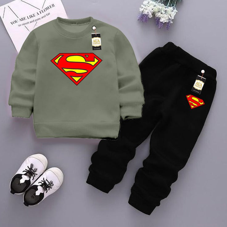 Light Green and Black (Superman) Printed Kids Tracksuit for Winter By Aua Garments