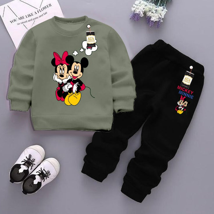Light Green and Black (mickey mouse) Printed Kids Tracksuit for Winter By Aua Garments
