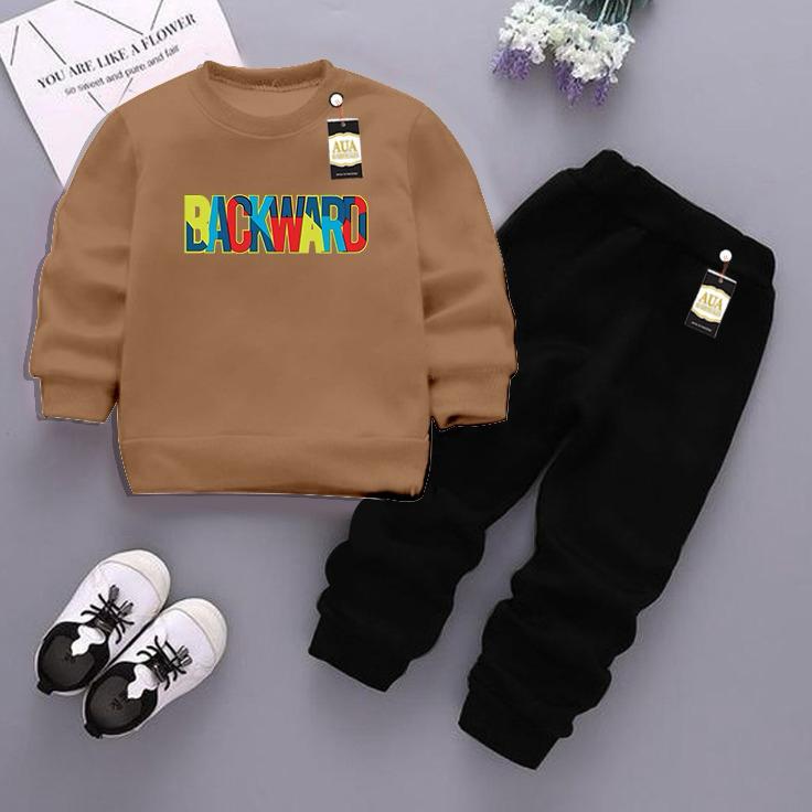 Beige and Black (Backward) Printed Kids Tracksuit for Winter By Aua Garments
