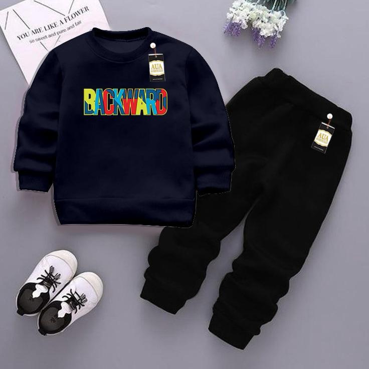 Navy Blue and Black (Backward) Printed Kids Tracksuit for Winter By Aua Garments