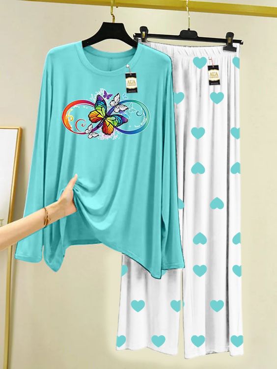 SKY BLUE MULTI BUTTERFLY Printed MIni Heart Printed Trouser (001)