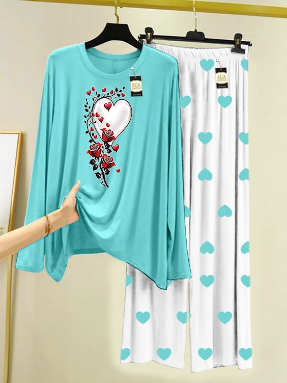 SKY BLUE ROSE HEART Printed MIni Heart Printed Trouser (001)