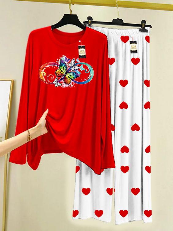 RED MULTI BUTTERFLY Printed MIni Heart Printed Trouser (001)