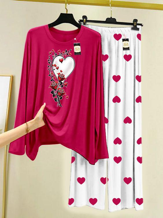 DARK PINK ROSE HEART Printed MIni Heart Printed Trouser (001)