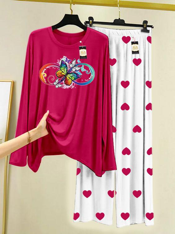 DARK PINK MULTI BUTTERFLY Printed MIni Heart Printed Trouser (001)