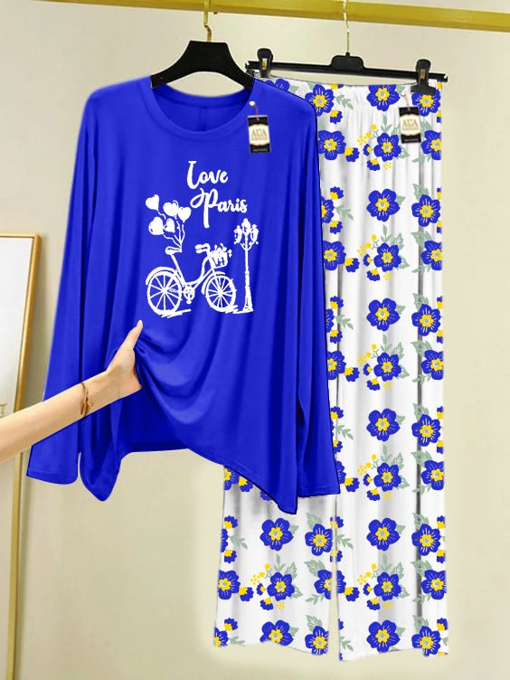 Blue Paris Love Printed Nightwear Set with Flower Printed Trousers – Women's Lounge Wear (005
