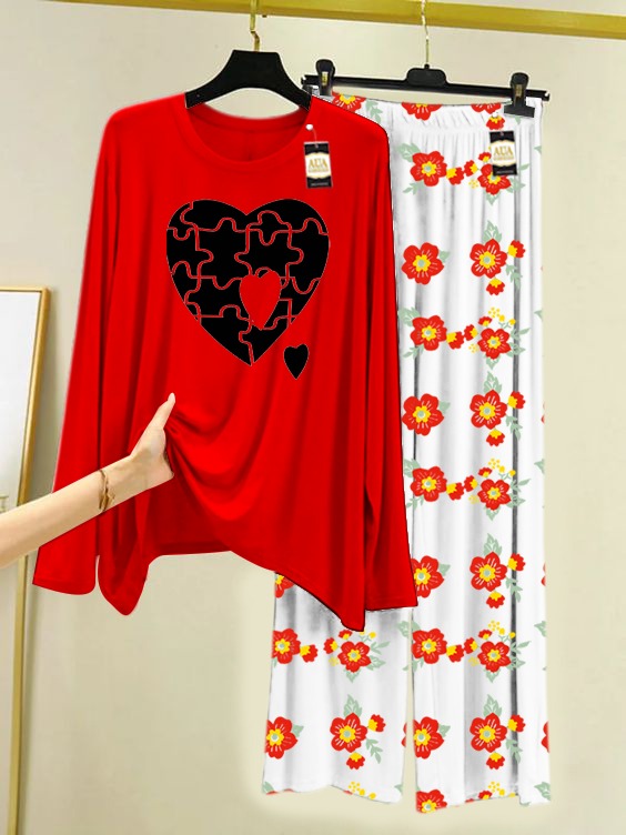 Red Puzzel Heart Printed Nightwear Set with Flower Printed Trousers – Women's Lounge Wear (005)