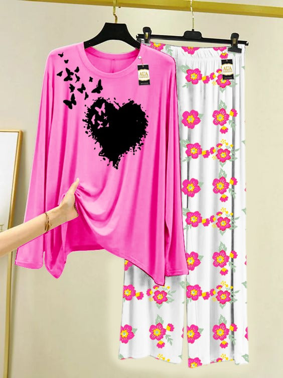 Pink Butterfly Heart Heart Printed Nightwear Set with Flower Printed Trousers – Women's Lounge Wear (005)